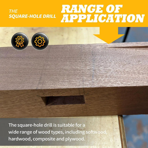 Kickin Square Hole Drill Bit Set With Universal Chuck Adapter For One Fourth 5 16 3 8 And One Half Inch woodworking demo on wood.