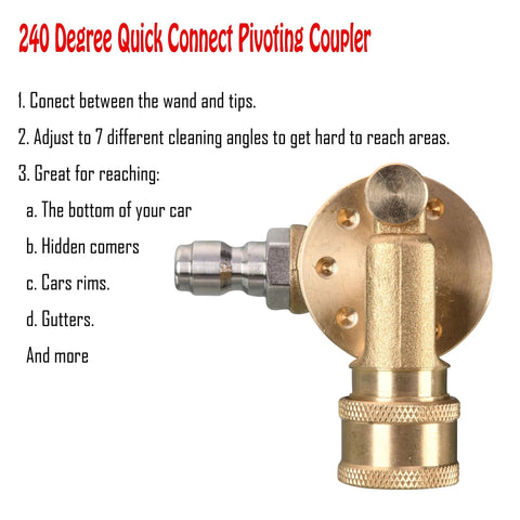 Front view of brass 240-degree pivoting pressure washer coupler with 1/4 in quick-disconnect