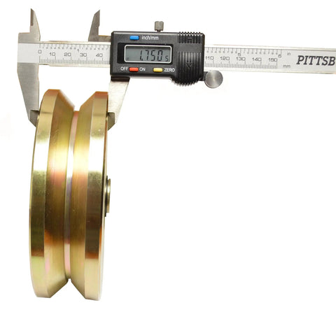Heavy Duty Six Inch V Groove Gate Roller With Double Ball Bearings For Smooth Gliding Operation Built Tough As Nails Five Thousand Pound Load Capacity Corrosion Resistant Steel Hardware Set with measurement caliper