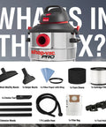 8 Gallon 6 Peak HP Wet Dry Vacuum For Home Garage And Workshop With Built In Drain And Multifunction Attachments displayed with tools