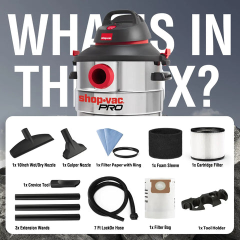 8 Gallon 6 Peak HP Wet Dry Vacuum For Home Garage And Workshop With Built In Drain And Multifunction Attachments displayed with tools