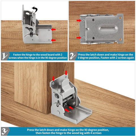 Installation steps for Heavy Duty Folding Brackets For Table Legs And Wall Shelves With Self Locking Hinges Rating Up To 330 Pounds Each.