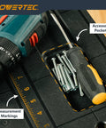 Close-up of a heavy-duty portable folding work table top showing accessory pockets, screws, and measurement markings.