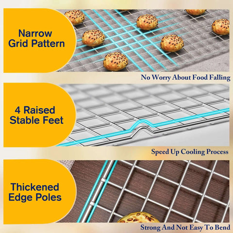 2 Pack Heavy Duty Stainless Steel Cooling Racks For Cooking And Baking, 10x15 Inch Wire Rack Set with narrow grid pattern and raised feet