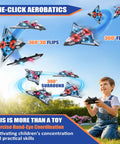Child playing with Dope Remote Control Foam Fighter Jet With Lights 360 Degree Flips And Stable Hovering Easy RC Airplane Toy