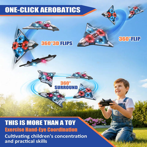 Child playing with Dope Remote Control Foam Fighter Jet With Lights 360 Degree Flips And Stable Hovering Easy RC Airplane Toy
