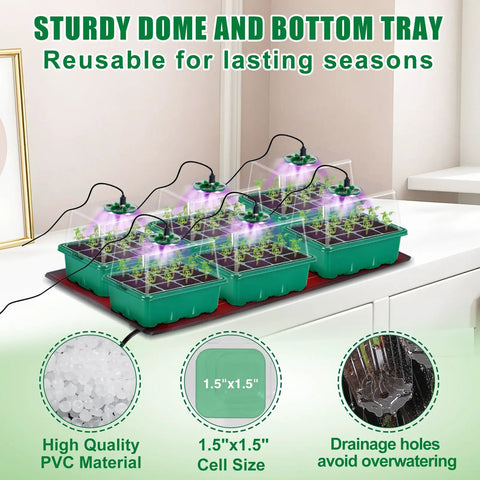 Seed Starter Tray Kit With Grow Light And Heat Mat, 6 Pack 12 Cell Trays, Humidity Domes, USB Powered Lighting, Seedling Tools And Labels For Easy Indoor Gardening And Fast Germination For Newbie Gardeners