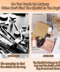 Before and after use of Four Pack Small Makeup Bags For Purse And Travel, with organized cosmetics in Morandi toned pouches.