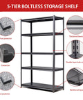 5-Tier Boltless Storage Shelf with foot protectors, thickened beam, and reinforced layer, Heavy Duty 72 Inch 5 Tier Metal Storage Shelves Built Like A Tank Adjustable Garage Shelving Setup For Heavy Lifting And Big Gear Industrial Utility Rack Black Gray No Mess Guaranteed.