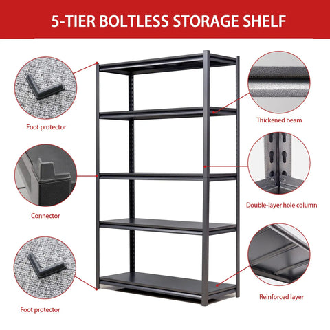 5-Tier Boltless Storage Shelf with foot protectors, thickened beam, and reinforced layer, Heavy Duty 72 Inch 5 Tier Metal Storage Shelves Built Like A Tank Adjustable Garage Shelving Setup For Heavy Lifting And Big Gear Industrial Utility Rack Black Gray No Mess Guaranteed.