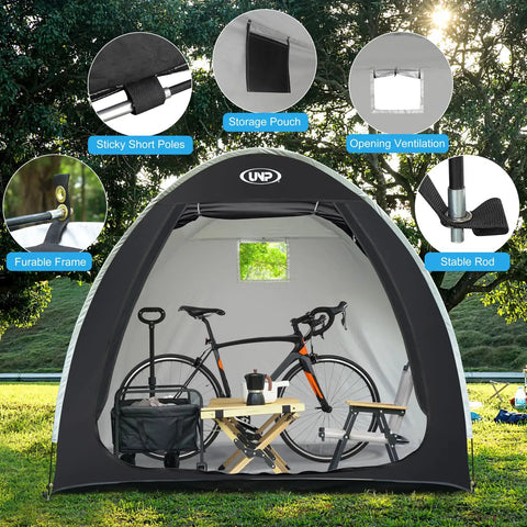 Portable Outdoor Bike Storage Shed Tent Made With 210D Oxford Fabric PU4000 Waterproof Coating And Silver Shield displayed in park