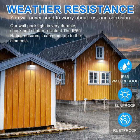 Rotatable 80W LED Wall Pack Light With Adjustable Head 5000K 10800LM lighting yellow house in rain, IP65 waterproof.