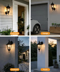 Outdoor Wall Lantern Sconce Light Black Plastic Exterior Waterproof Fixture for front door, garage, patio, porch in action.