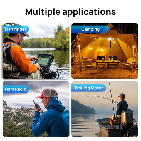 Fish finder, camping, ham radio, and trolling motor applications for 12V 30Ah LiFePO4 Battery With DC Port, Compact Size Like 20Ah.