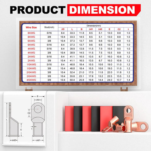 4 Gauge Battery Cable Lug Copper Ring Terminal Set With Three Eighths Inch Stud Marine Grade Dual Wall Heat Shrink Tubes 10 Pack For Crazy Easy Install And Reliable Power Connections. Dimension chart and copper lugs with heat shrink