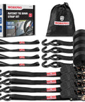Beefy Heavy Duty Ratchet Straps 1 Inch By 15 Feet, 1650 Lbs Break Strength, 4 Pack With Soft Loops, black polyester, set displayed
