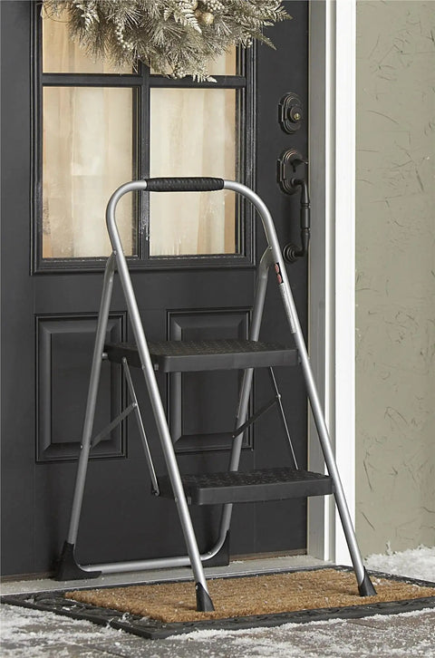 Two Step Big Step Stool Made Of Steel, Grab And Go Lightweight Gray, Non Marring Feet, Large Slip Resistant Step by door