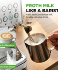 This Twenty Bar Espresso Maker Delivers Rich Bold Flavor With An Integrated Milk Frother And Roomy Removable Tank For Serving Silky Lattes And Americanos Through The Day In Premium Stainless Steel Housing, frothing milk with steam.