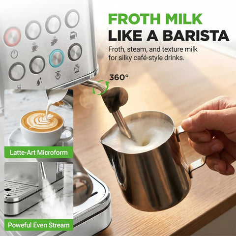 This Twenty Bar Espresso Maker Delivers Rich Bold Flavor With An Integrated Milk Frother And Roomy Removable Tank For Serving Silky Lattes And Americanos Through The Day In Premium Stainless Steel Housing, frothing milk with steam.