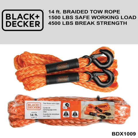 Heavy Duty 14 Foot Tow Rope With Easy Grip Handles And Steel G-Clip Hooks, 4500 Lb Break Strength, Diamond Braided Nylon.
