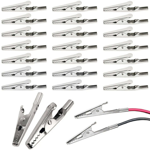 Heavy Duty 50mm Metal Alligator Clips 50 Pack, 2 Inch Gator Clips With Strong Grip For Electrical Testing, shown in arranged layout