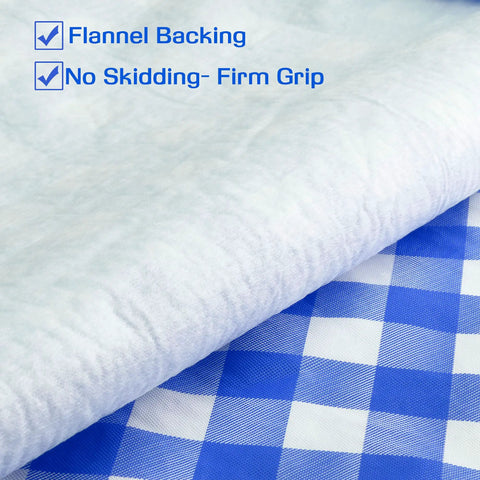 Close-up of blue checkered vinyl fitted tablecloth with flannel backing intended for Three Piece Set 8 Foot Picnic Table Cover With Bench Covers And Vinyl Fitted Tablecloth Blue Checkered For 6 And 8 Foot Tables Camping Essentials And RV Accessories.