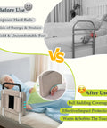 Comparison of exposed hard rails before use and bed rail cushion pad, showcasing padding coverage for elderly safety and comfort.