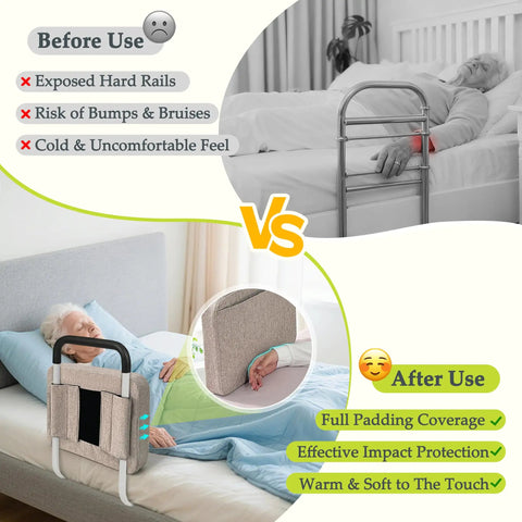 Comparison of exposed hard rails before use and bed rail cushion pad, showcasing padding coverage for elderly safety and comfort.