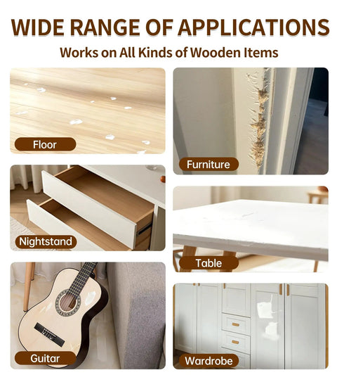 Wide range of applications showing Premium White Wood Filler For Furniture Repair on floors, furniture, tables, and more.