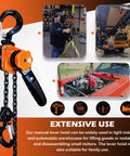 YATOINTO mini lever chain hoist, 1/4 ton, 10 ft chain, orange body with black handle and two hooks