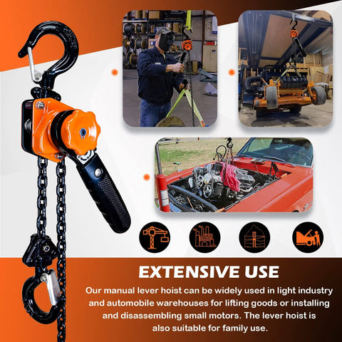 YATOINTO mini lever chain hoist, 1/4 ton, 10 ft chain, orange body with black handle and two hooks