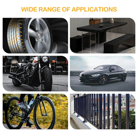 Collage showing uses for Black GBA WA8555 Touch Up Paint, including cars, bikes, outdoor furniture, and fences.