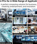 Image showcasing Mini PCs for diverse applications: medical equipment, industrial automation, and digital production workshops.