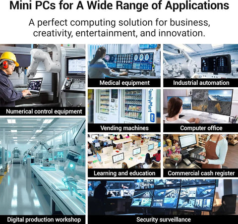 Image showcasing Mini PCs for diverse applications: medical equipment, industrial automation, and digital production workshops.