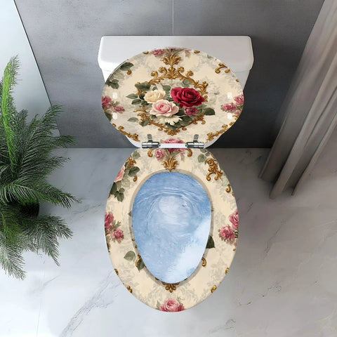 Elongated Resin Toilet Seat for Bathroom with floral design, top view showcasing intricate patterns and colors.