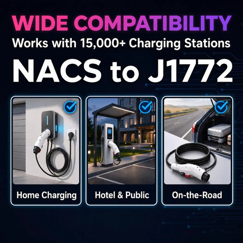Image showing Nacs to J1772 Ev Charging Adapter 60 Amp 240 Volt Level 2 Converter in various charging environments.