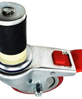 Heavy Duty Four Inch Caster Wheels With Quick Click Total Locking Brakes Fitting One Point Five Inch Id Leg Pipe For Smooth Rolling NSF certified caster wheel with red brake.