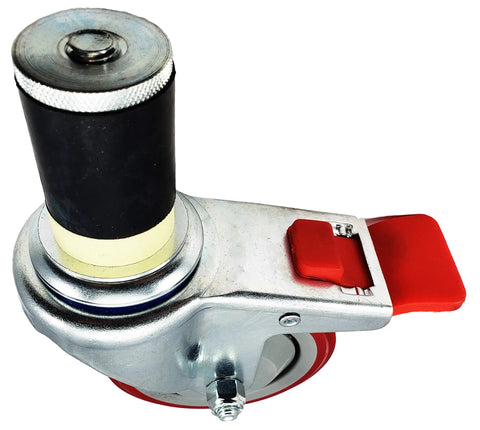 Heavy Duty Four Inch Caster Wheels With Quick Click Total Locking Brakes Fitting One Point Five Inch Id Leg Pipe For Smooth Rolling NSF certified caster wheel with red brake.