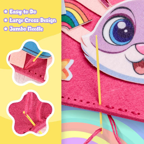Kids Sewing Kit For Beginners With 7 DIY Projects Like Unicorn Coin Purse Rainbow Crossbody Bag Butterfly Pouch Card Holder Eyeglasses Pouch Bunny Tote And Bear Drawstring Bag Fun Hands On Craft Toy Gift details of stitching with jumbo needle and felt materials