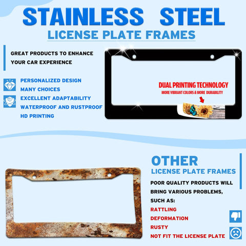 Comparison of stainless steel vs rusty plate frames; Blood Drop License Plate Frame With Blood Spatter Pattern For Front Or Rear Car Tags Stainless Steel Reusable Dope Auto Decoration With Screws 6.3 X 12.2 Inches included above others.