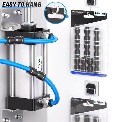 Black Straight One Quarter Inch Push To Connect Tube Fittings Push Lock Plastic 10 Pack for PU PA PE PVC, installed on blue tubing