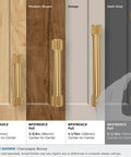 Farewind Transitional Champagne Bronze Cabinet Pull 6-5/16 Inch Center-To-Center, 7-1/8 Inch Overall Length shown on various wood finishes