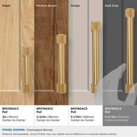 Farewind Transitional Champagne Bronze Cabinet Pull 6-5/16 Inch Center-To-Center, 7-1/8 Inch Overall Length shown on various wood finishes