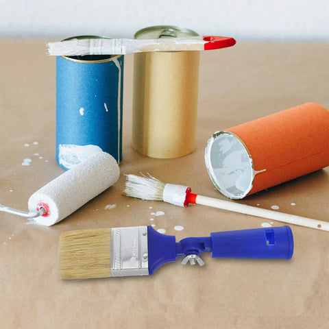 2 Inch Adjustable Angled Paint Brush for Fine Detail And Corners, near paint cans and roller, blue handle, synthetic bristles