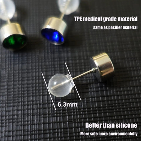 Close-up of 102 Count Comfort Impenetrable Soft Safety Earring Backs Made From TPE Medical-Grade Material Pacifier-Grade, shown with 6.3mm diameter