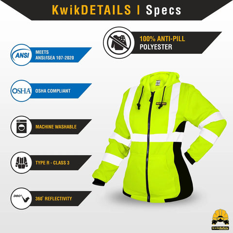 ROGUE Safety Jacket for Women With Class 3 ANSI Reflective Hi Vis Fleece Hoodie Yellow Small Size Two Front Pockets Adjustable Drawcord Heavy Duty Zipper for Day and Night Work, displayed with safety and material specifications
