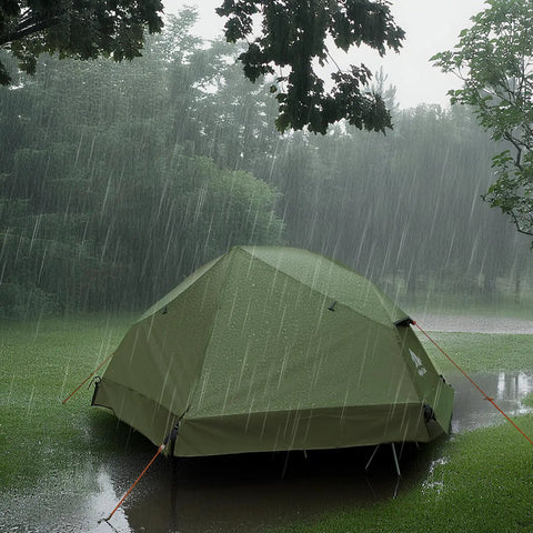 Camping Cot Tent Combo For Solo Adventures Waterproof Off Ground Bed For Adults 1 Person in rain on grassy field