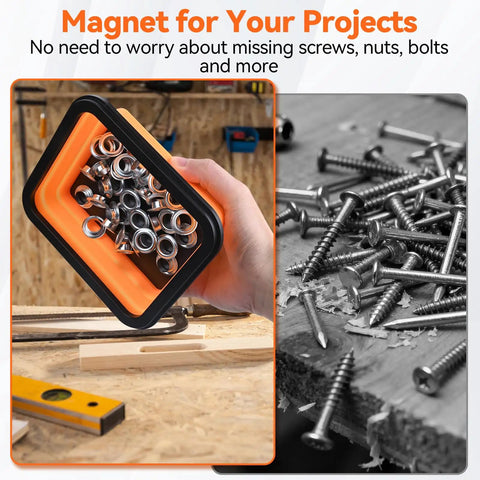 3 Piece Magnetic Pickup Tool Set with telescoping flashlight and magnetic tip tray filled with metal washers and screws on wood surface