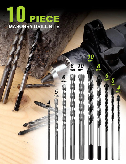 Beefy Half Inch Corded Hammer Drill For Concrete With Variable Speed 0 To 3000 RPM And 48000 BPM includes 10 masonry bits