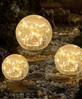 Solar Cracked Glass Ball Outdoor Lights For Garden Decor Waterproof LED Warm White Two Globes Size Five Point Nine Inch Easy Setup